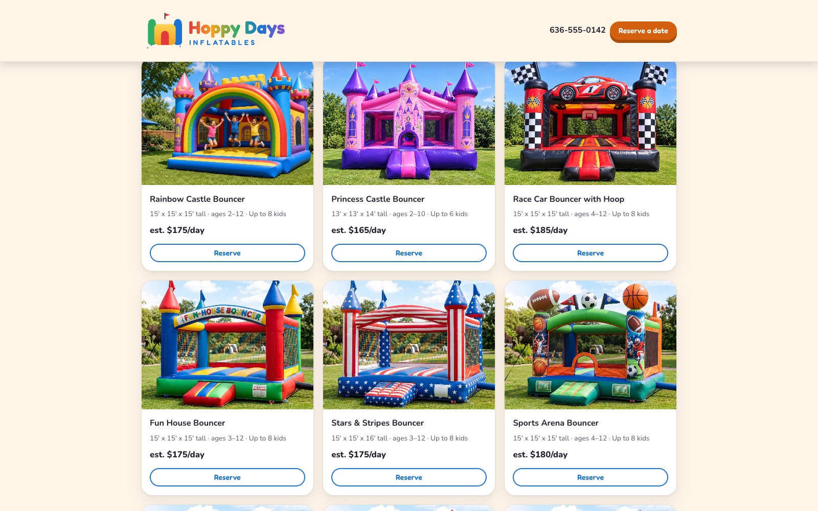 The catalog — 24 units, grouped by type, each with a photo and a per-day price.